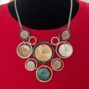 Statement Mixed-Metal Circle Bib Necklace in Gold and Teal